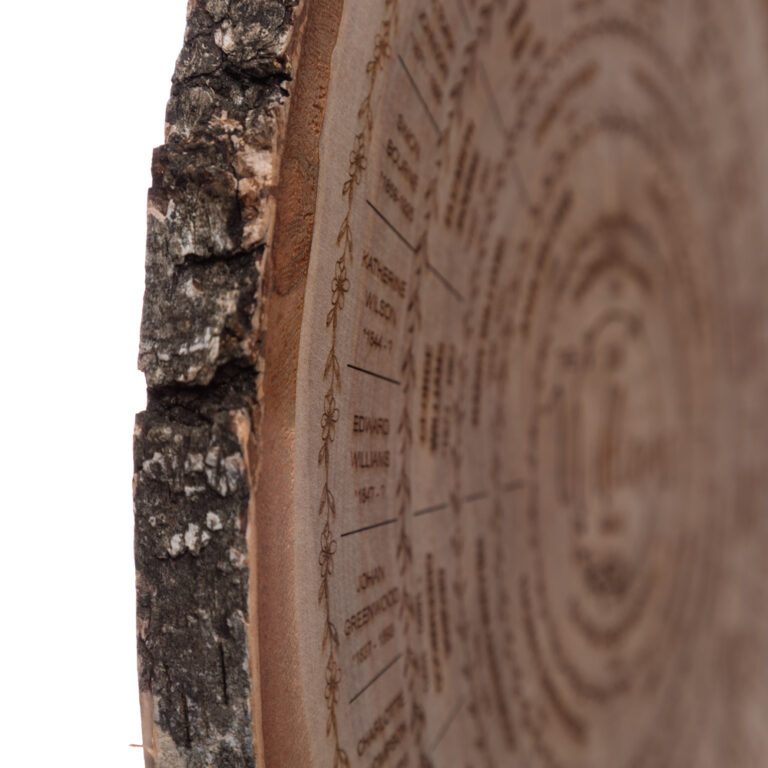 Dřevěný Rodokmen na špalku pro 5 generací v detailu